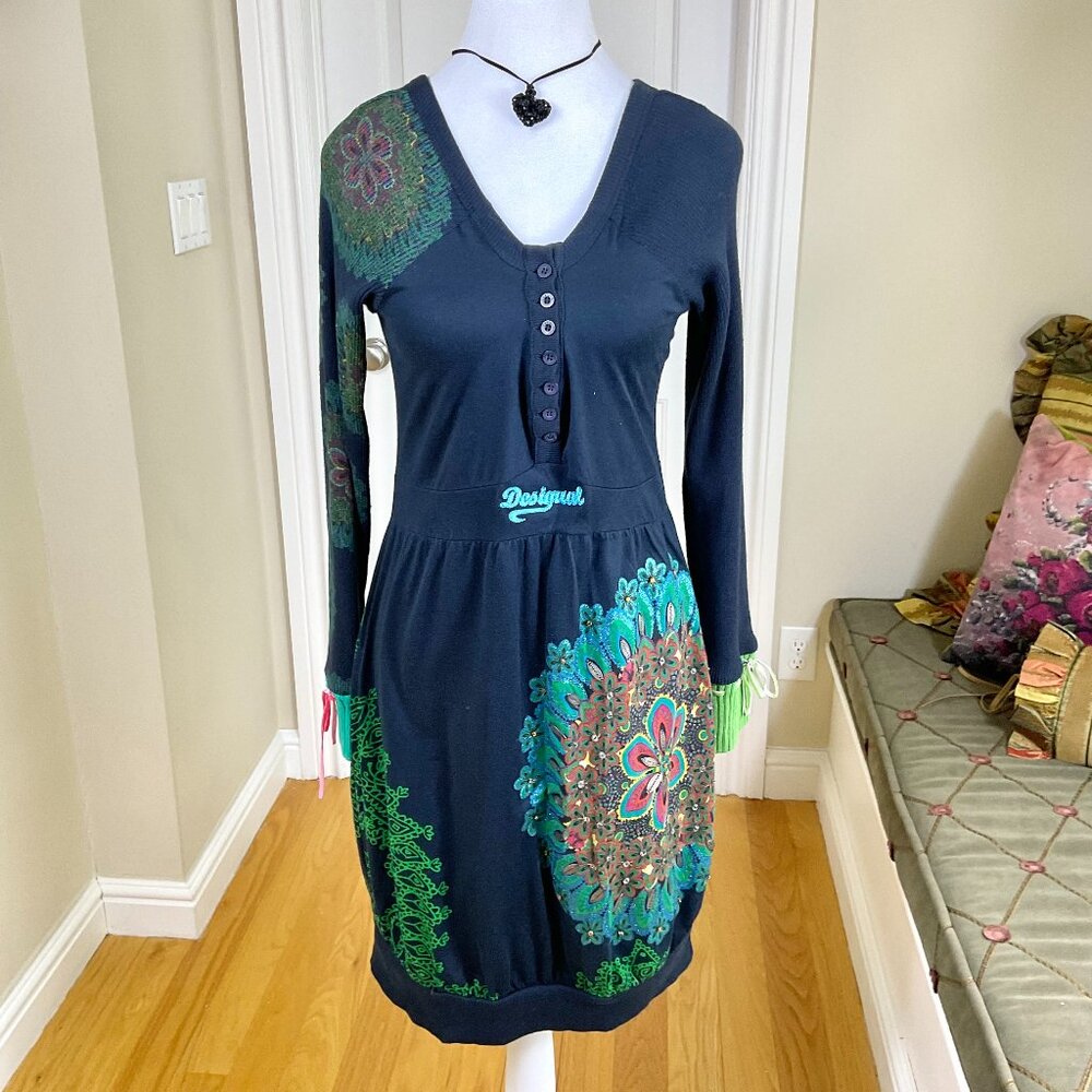 Desigual Dress Colorful Beaded Cotton Black (M) - Picture 2 of 11